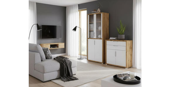 VITRINE  in Eichefarben, Weiß Hochglanz  - Eichefarben/Weiß Hochglanz, MODERN, Glas/Holzwerkstoff (80/218/36cm) - Xora