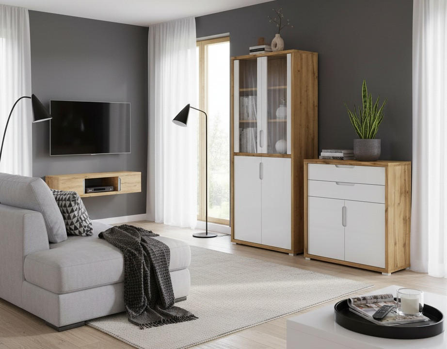 Thumbnail - Xora Kommode, Eiche, Weiß Hochglanz, Holzwerkstoff, 2 Fächer, 2 Schublade(n) Schubladen, 80x112x36 cm, Beimöbel erhältli...