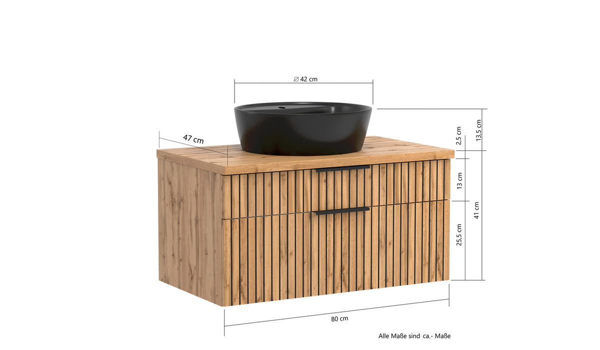 WASCHTISCHKOMBI 80 cm  - Eiche Wotan/Schwarz, MODERN, Holzwerkstoff/Stein (80cm) - Held