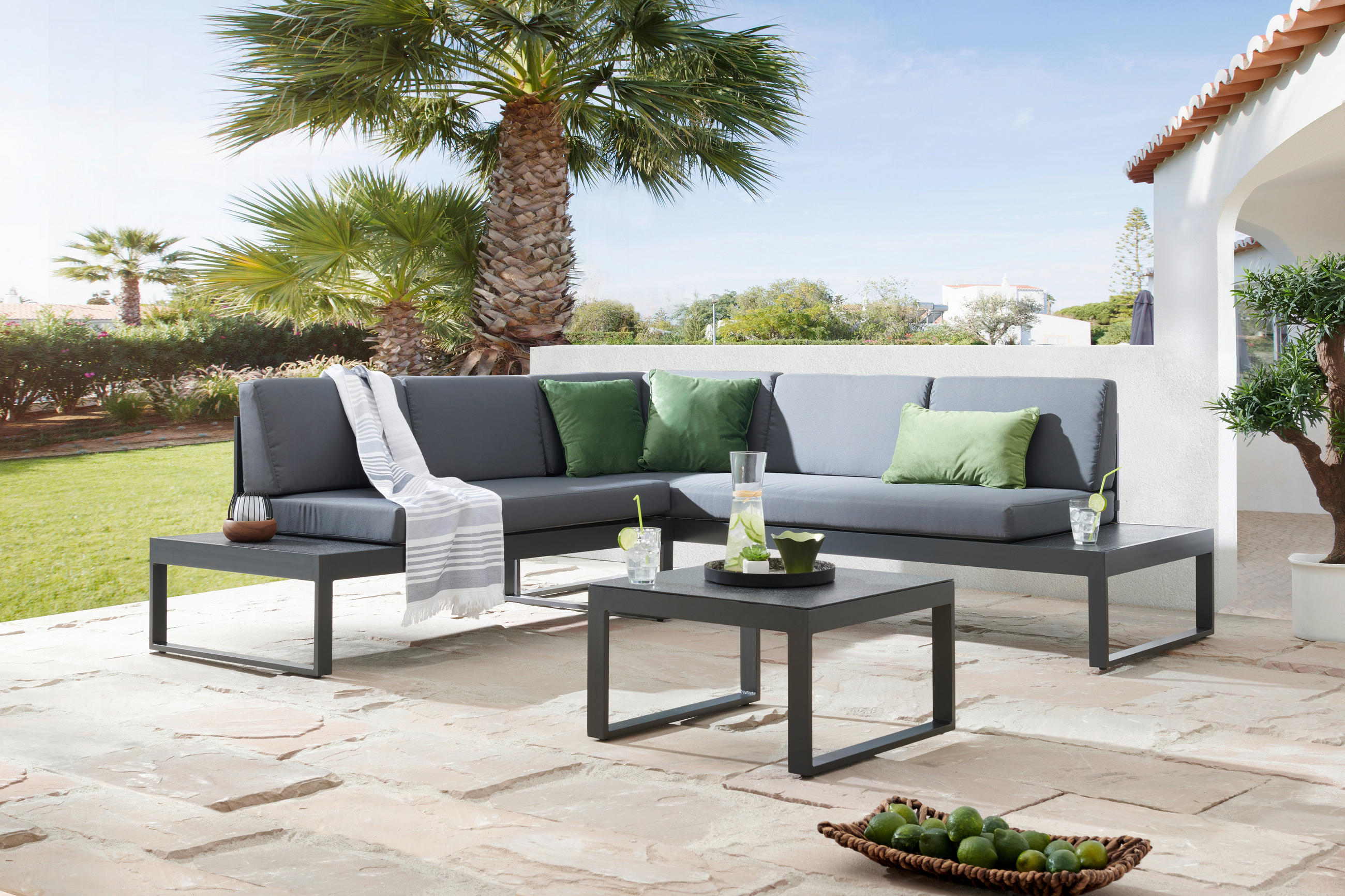 LOUNGEGARNITUR 219/220 cm Aluminium  - Dunkelgrau/Anthrazit, LIFESTYLE, Glas/Textil (219/220cm) - Ambia Garden