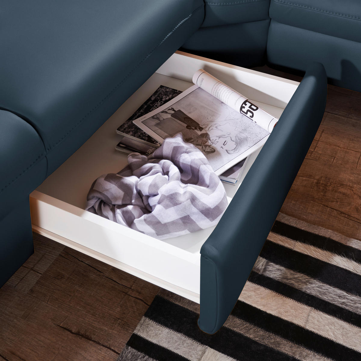 ECKSOFA in Echtleder Dunkelblau  - Alufarben/Dunkelblau, Design, Leder/Metall (239/271cm) - Cantus