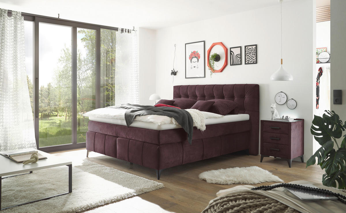 BOXSPRINGBETT 180/200 cm  Aubergine  - Aubergine/Schwarz, Konventionell, Kunststoff/Textil (180/200cm) - Modante