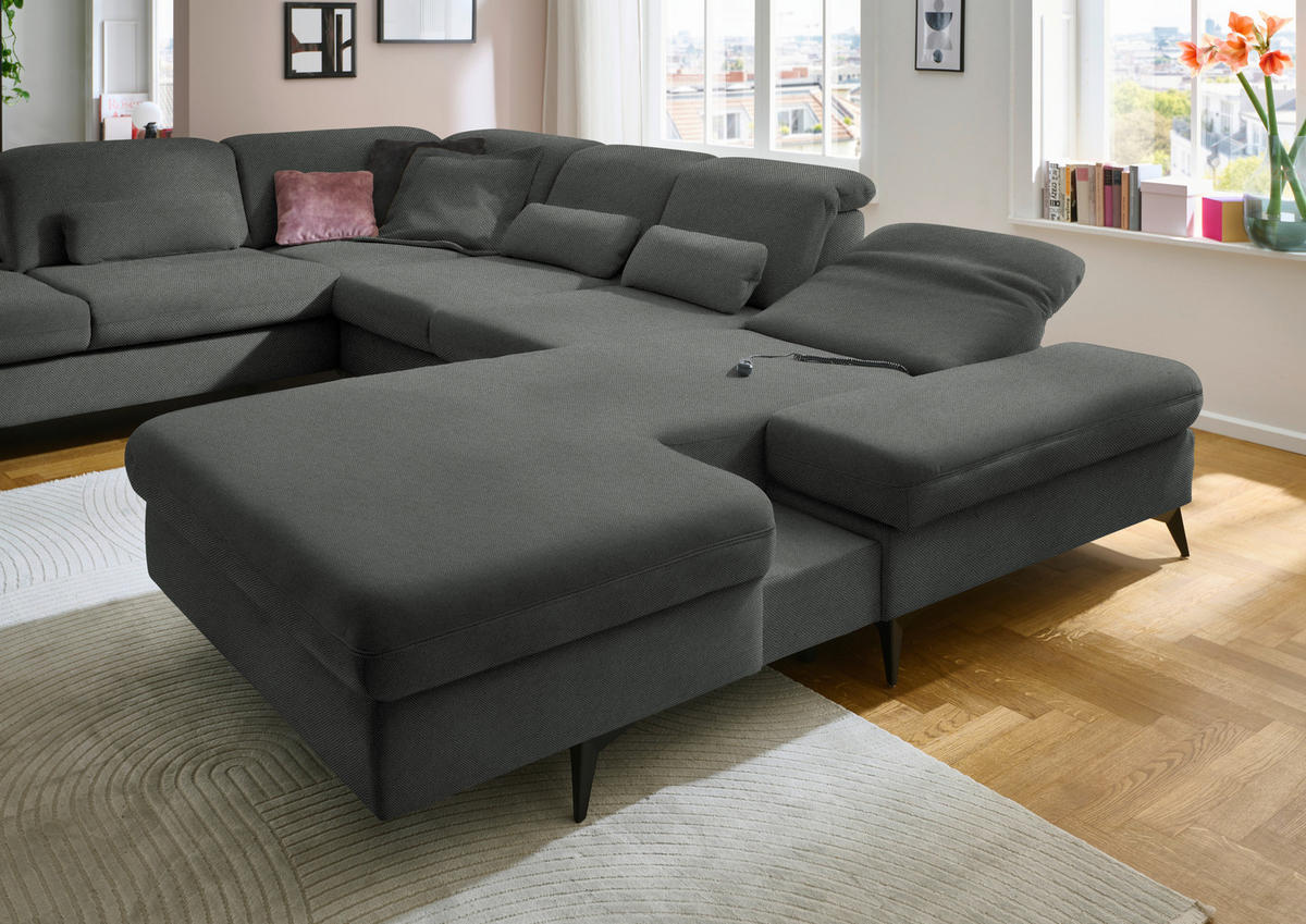 WOHNLANDSCHAFT Chenille Grau  - Schwarz/Grau, Design, Textil/Metall (255/364/198cm) - Beldomo Style