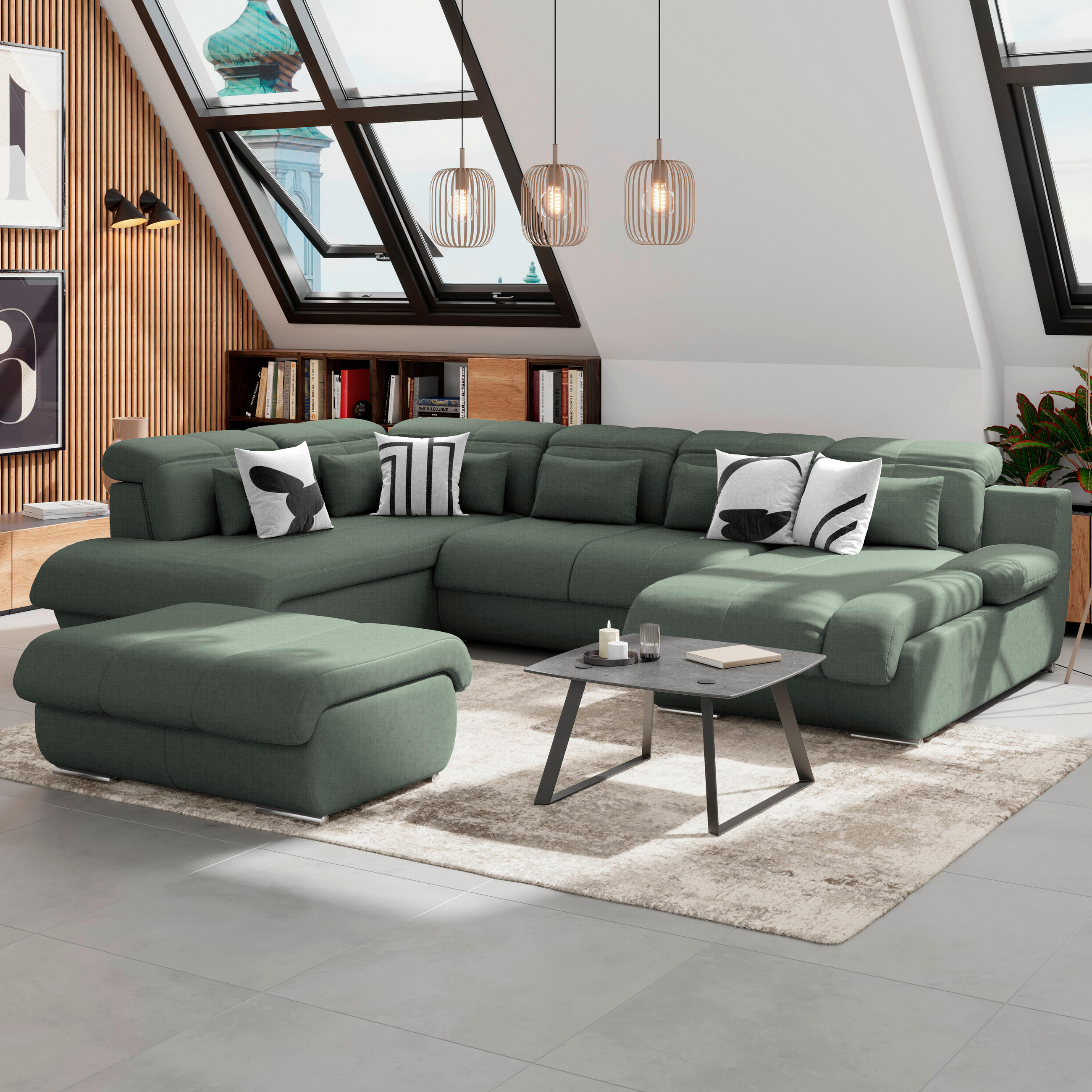 WOHNLANDSCHAFT Hellgrün Mikrofaser  - Chromfarben/Hellgrün, MODERN, Textil/Metall (228/345/184cm) - MID.YOU