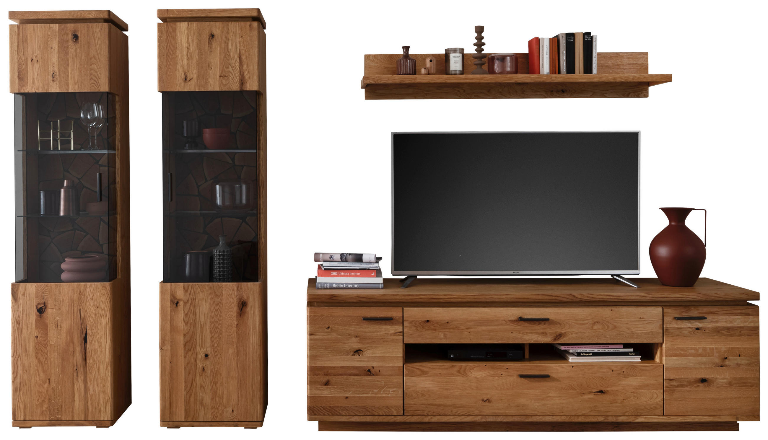 WOHNWAND 4-teilig  Eichefarben 340/204/50 cm  LED-Leuchtmittel   - Eichefarben/Schwarz, Natur, Glas/Holz (340/204/50cm) - Linea Natura