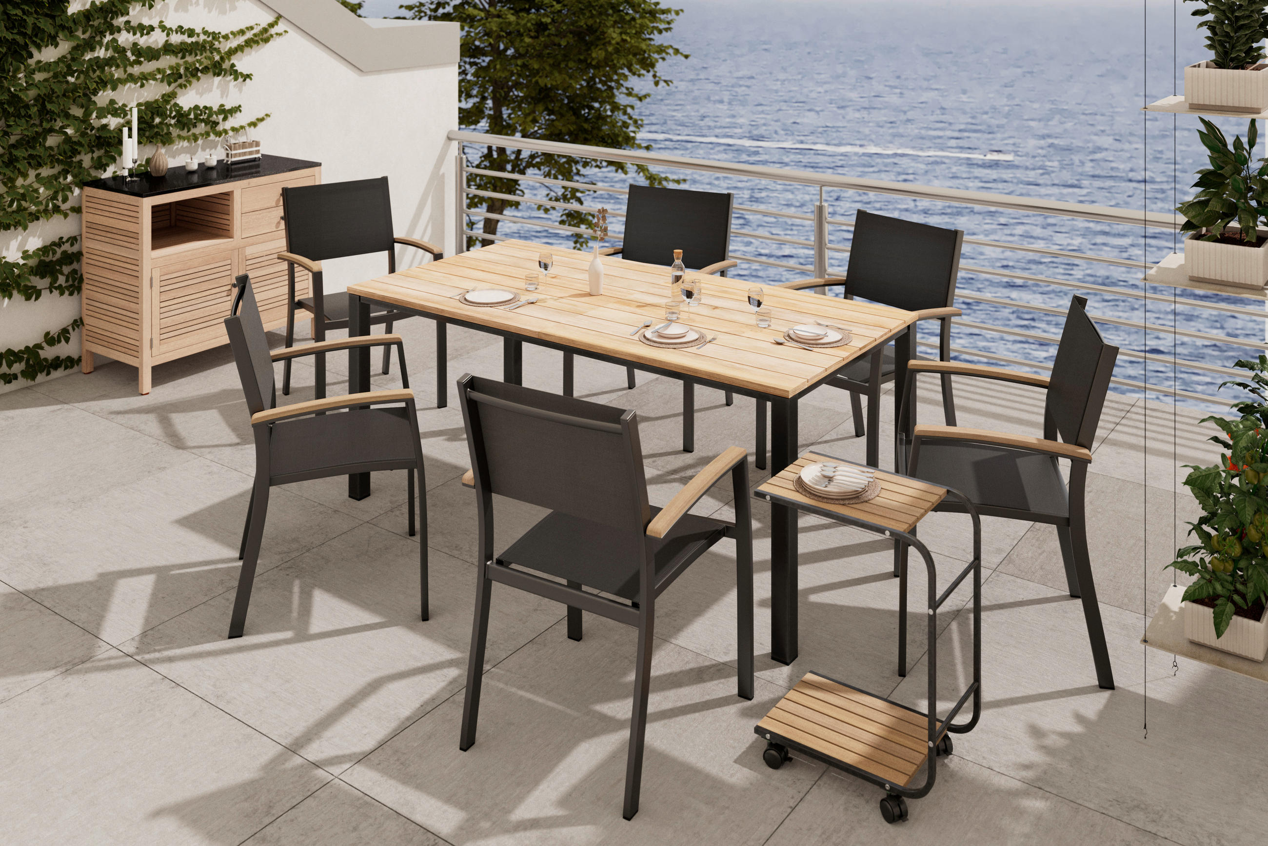 STOL akacija aluminij črna, barva tikovine - barva tikovine/črna, Konvencionalno, kovina/tekstil (60/88,5/58cm) - Ambia Garden