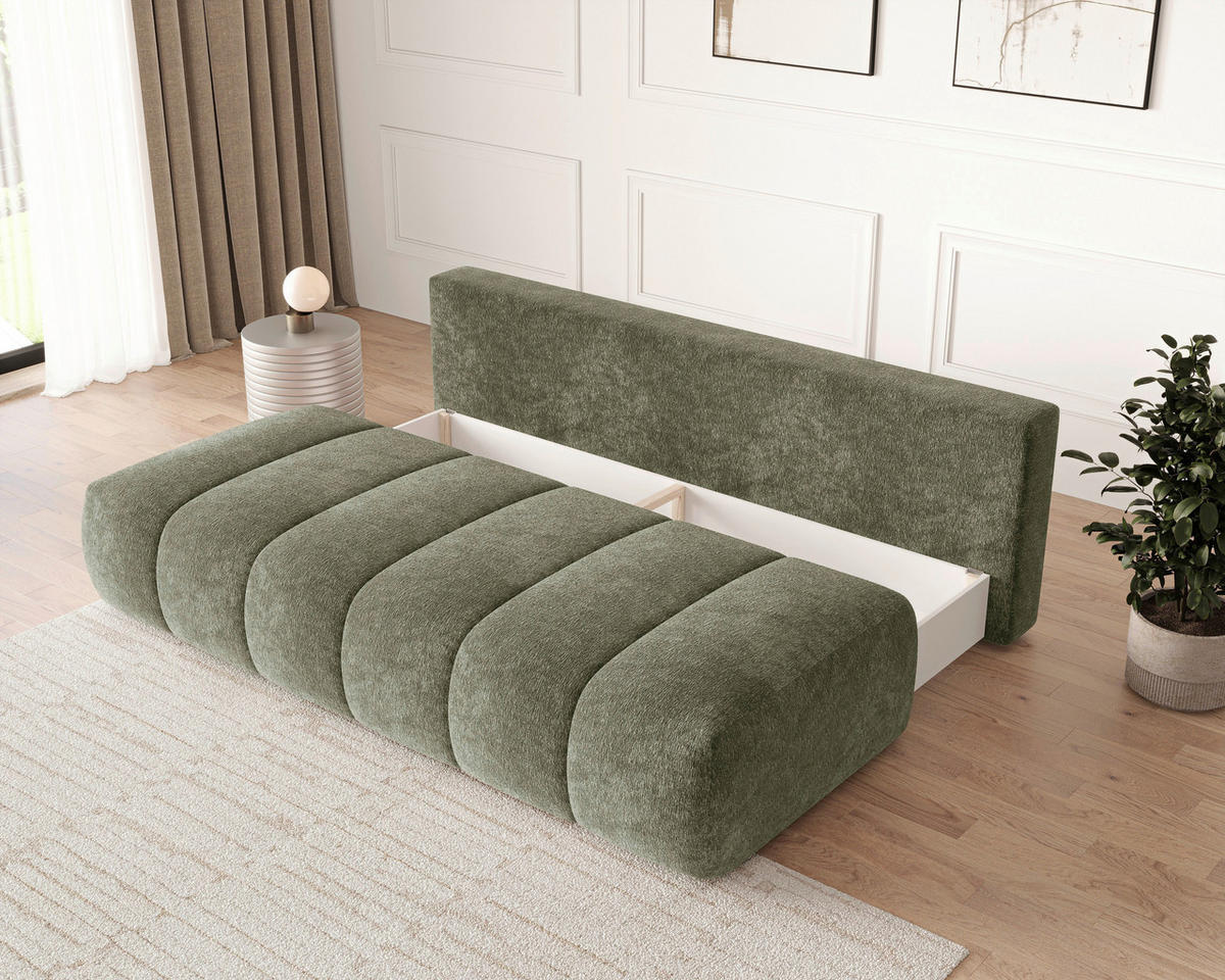 SCHLAFSOFA Chenille Grün  inkl. Zierkissen, Rückenkissen, Bettkasten, Schlaffunktion, Rücken echt, Liegefläche im Originalstoff  - Schwarz/Grün, MODERN, Kunststoff/Textil (210/88/104cm) - Milino