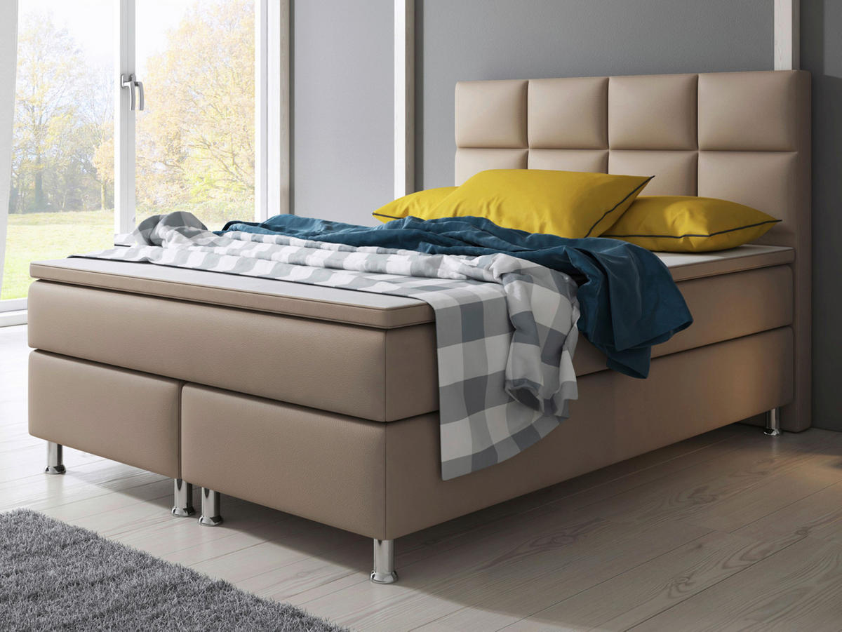 BOXSPRINGBETT  in Cappuccino, Matratze, gepolstertes Kopfteil, Topper, Matratzen, H3 + H3 = fest  - Silberfarben/Cappuccino, KONVENTIONELL, Leder/Textil (140/115/210cm) - MID.YOU