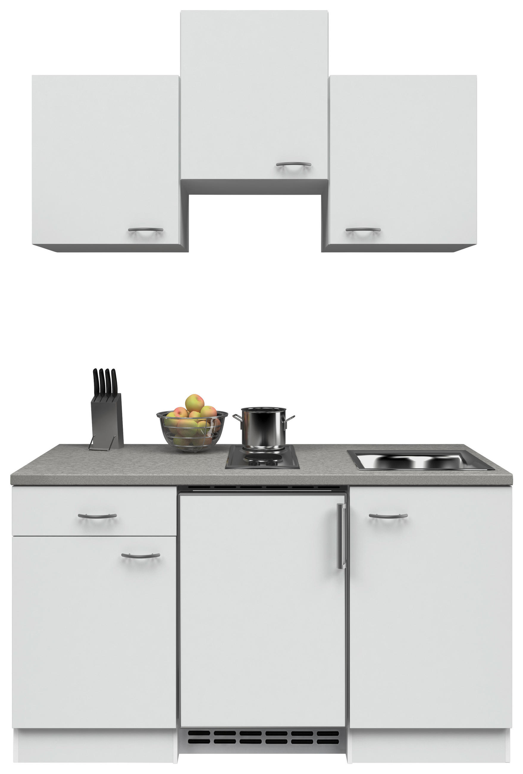 Miniküche mit Kühlschrank + Kochfeld 150cm Weiß/Grau Dekor