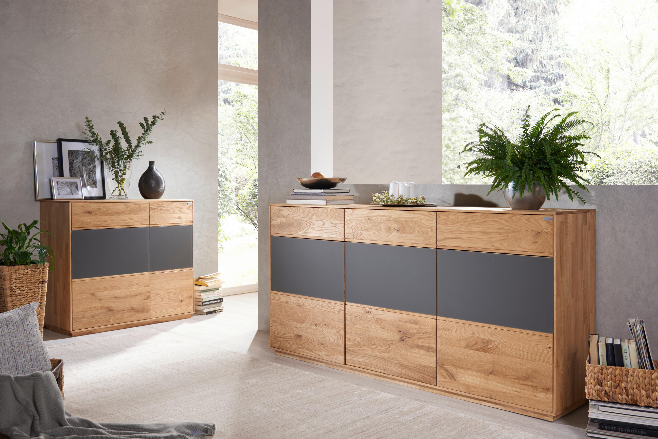KOMODA, dub, antracitová, barvy dubu, 98/89/42 cm - barvy dubu/antracitová, Design, dřevo/sklo (98/89/42cm) - Valnatura