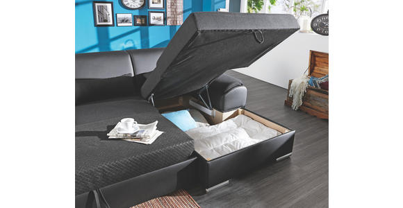WOHNLANDSCHAFT Lederlook Bettkasten, Nierenkissen, Rücken echt, Schlaffunktion Anthrazit, Schwarz - Chromfarben/Anthrazit, Design, Textil/Metall (277/84/173cm) - Cantus