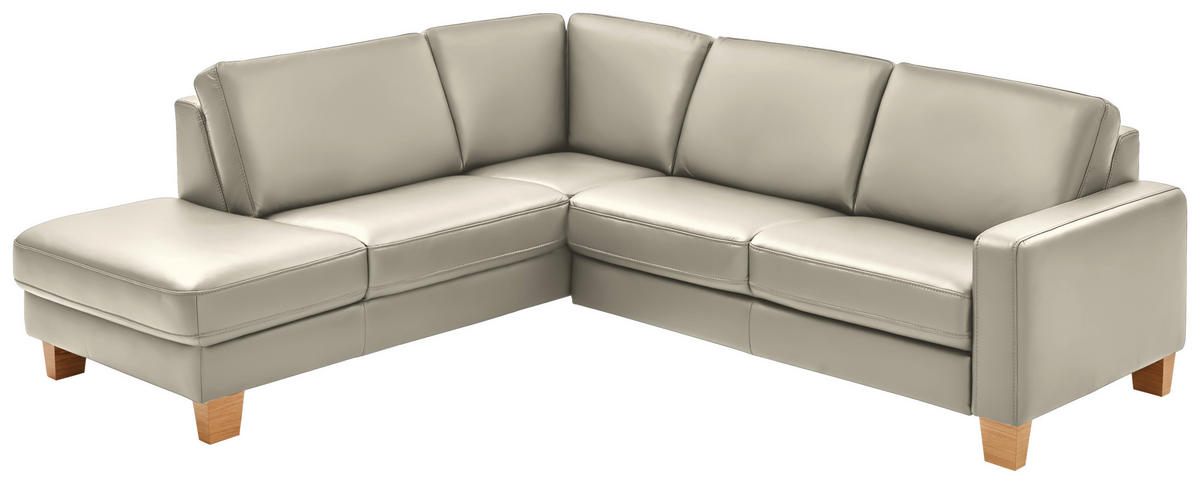ECKSOFA in Echtleder Ecru  - Ecru/Eiche Bianco, Konventionell, Leder/Holz (235/257cm) - Valdera