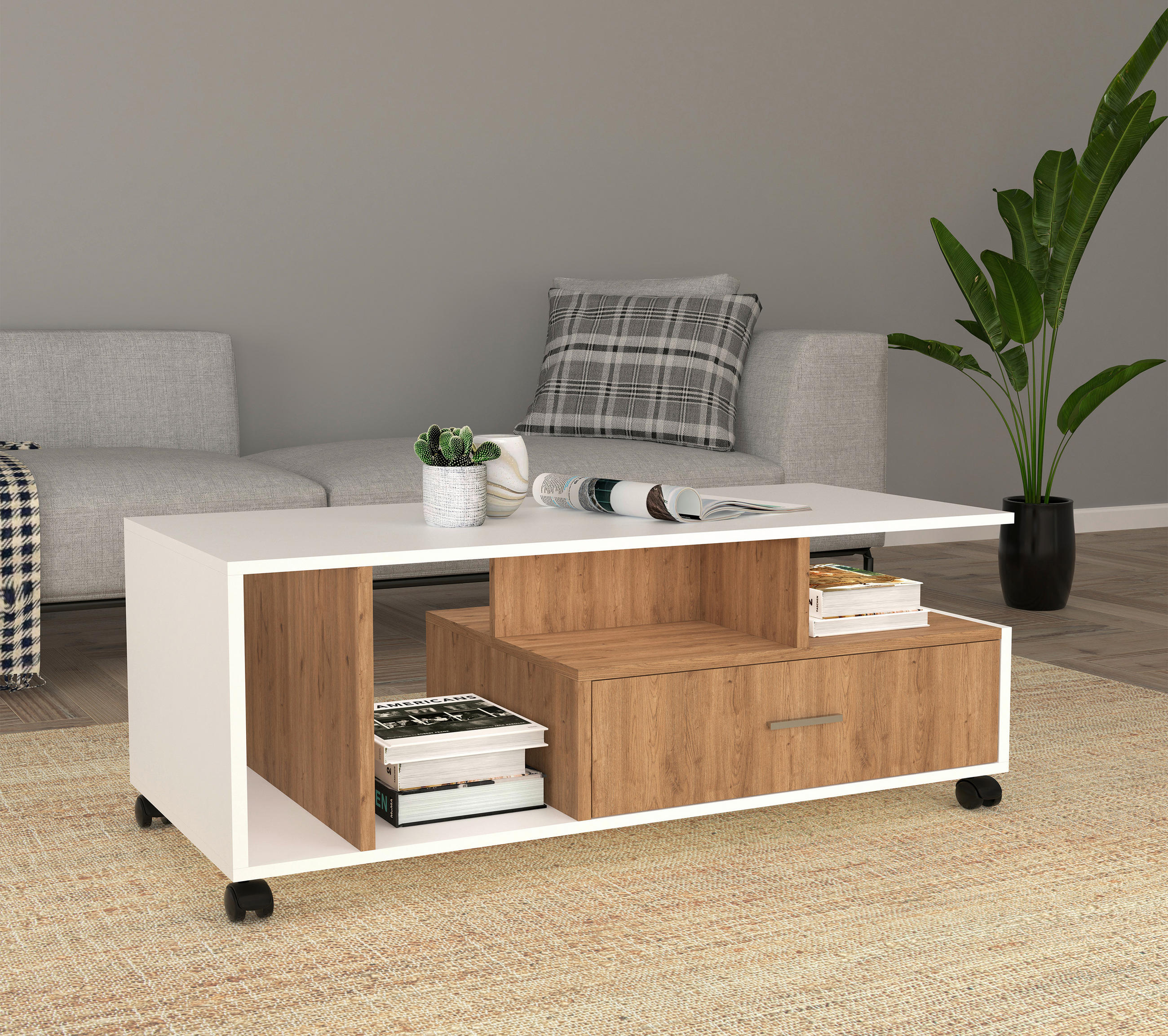 COUCHTISCH in Holzwerkstoff 112/50/42 cm  - Eichefarben/Weiß, MODERN, Holzwerkstoff/Kunststoff (112/50/42cm) - MID.YOU