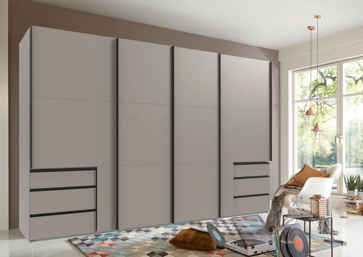 SCHWEBETÜRENSCHRANK 350/216/65 cm 4-türig Grau, Sahara  - Schwarz/Grau, Basics, Holzwerkstoff/Metall (350/216/65cm) - MID.YOU