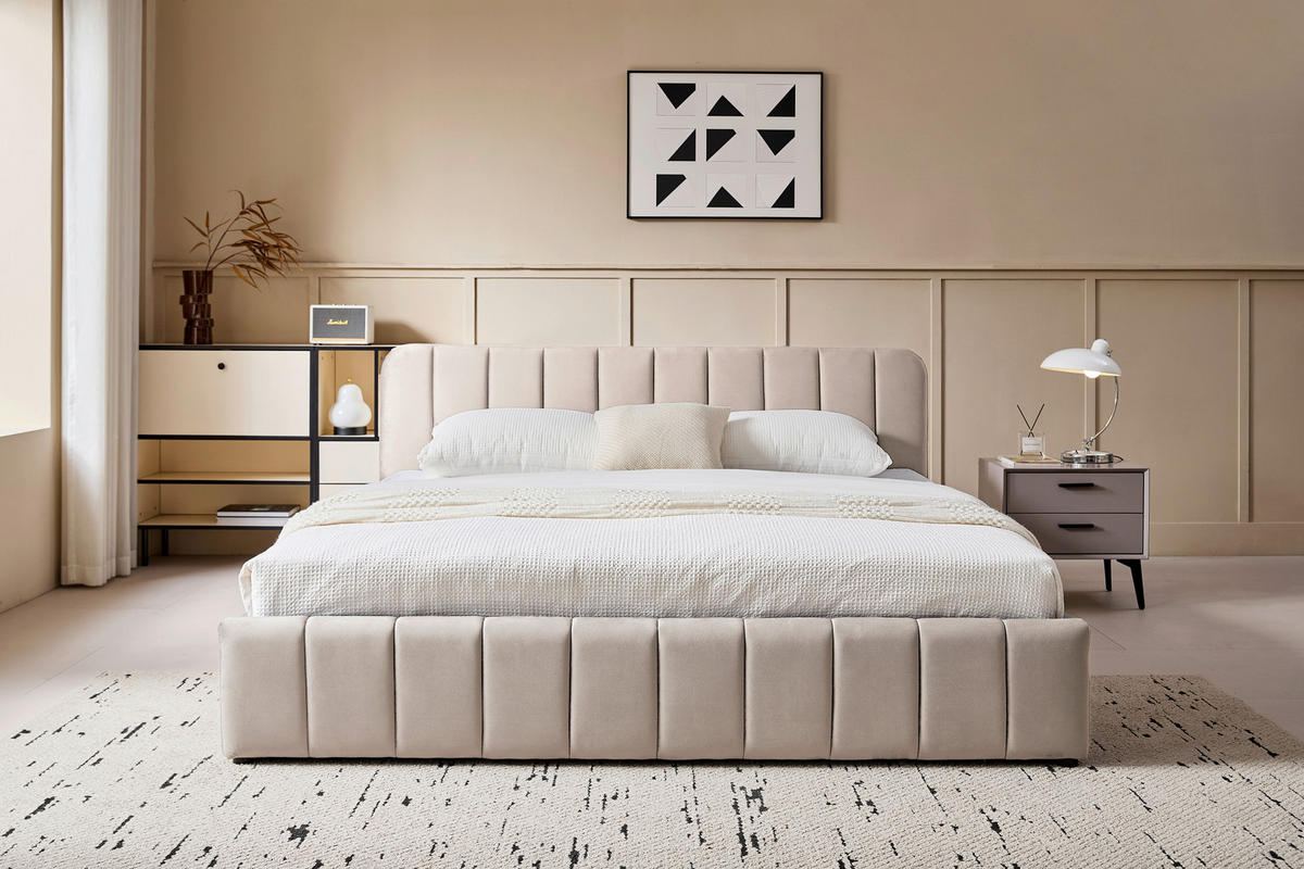 POLSTERBETT 140/200 cm, inkl. gepolstertes Kopfteil, Lattenrost, Bettkasten,  in Beige  - Beige/Schwarz, Design, Holz/Kunststoff (140/200cm) - Boxxx