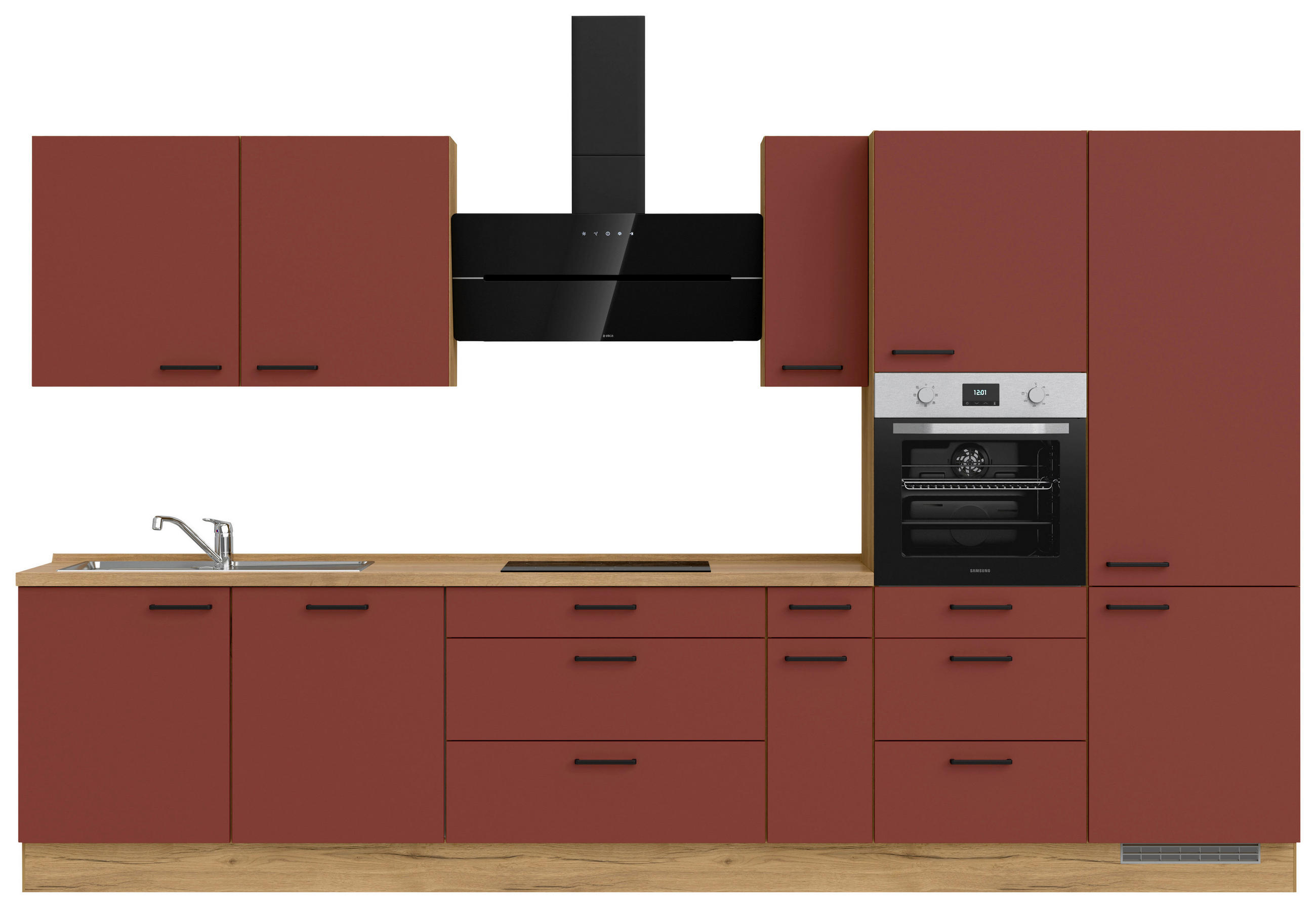 KÜCHENBLOCK 360 cm   in Eichefarben, Dunkelrot  - Eichefarben/Schwarz, MODERN, Holzwerkstoff/Metall (360cm) - Nobilia