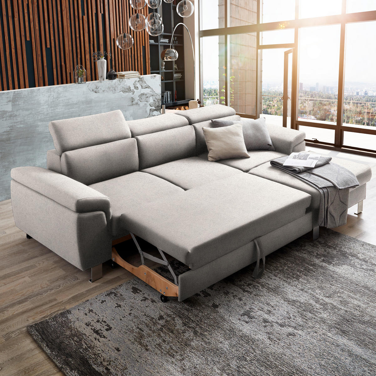 ECKSOFA in Webstoff Ecru  - Ecru/Silberfarben, Design, Textil/Metall (250/167cm) - Xora