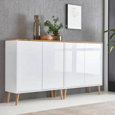 Thumbnail - Mid.you Sideboard Mailand Set 2 + HF, Weiß, Eiche Artisan, Weiß Hochglanz, Holzwerkstoff, massiv, 6 Fächer, 158x86x33 cm...