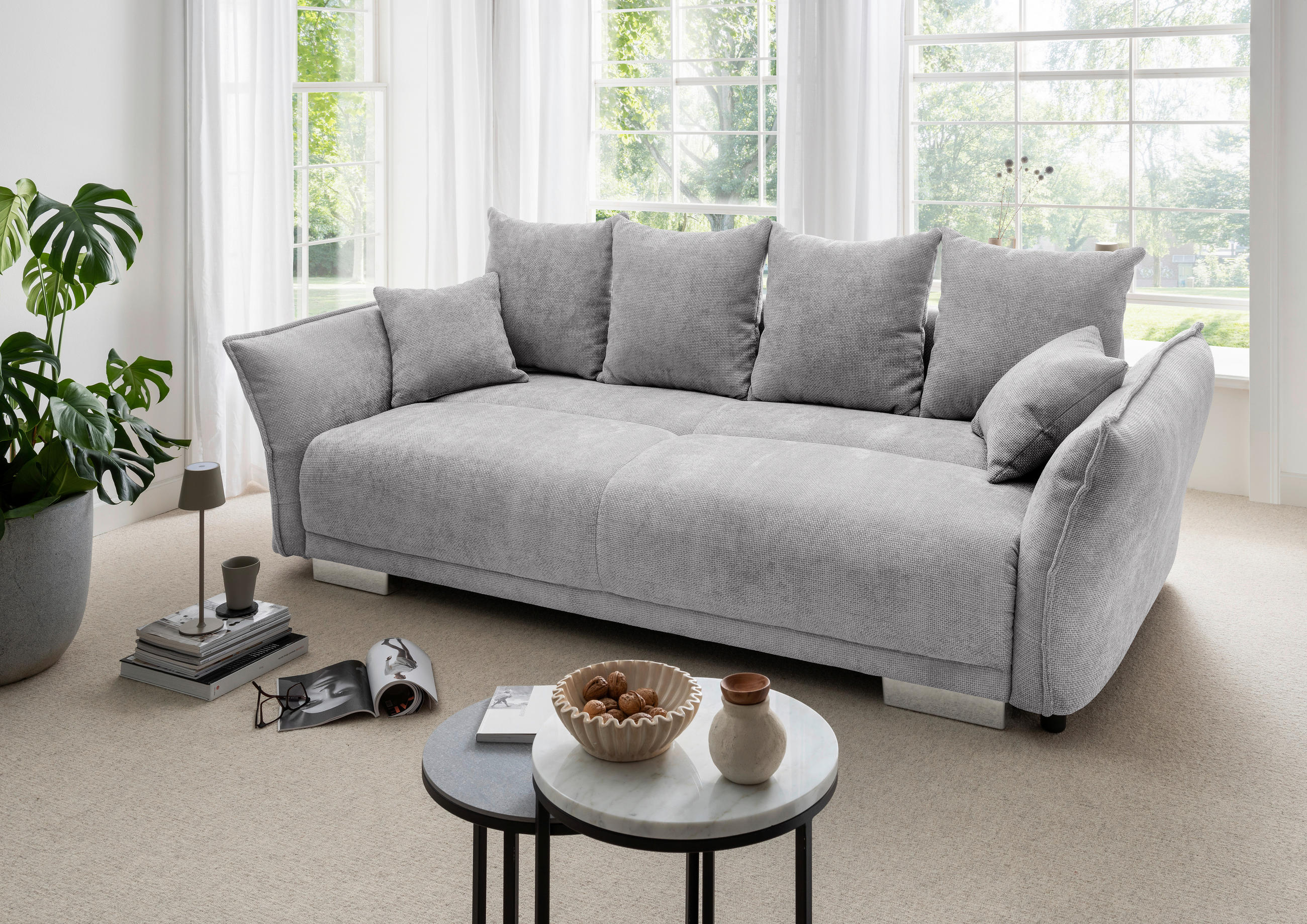 BIGSOFA Mikrofaser Silberfarben  - Chromfarben/Silberfarben, Basics, Kunststoff/Textil (242/71/90/131cm) - Livetastic