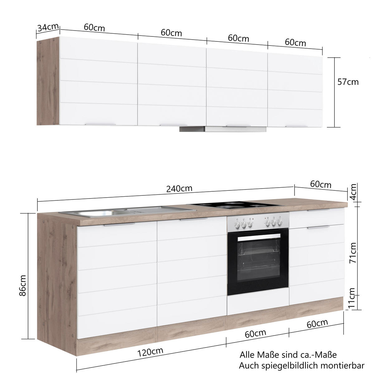 KÜCHENBLOCK 240 cm   in Grau, Eiche Wotan  - Weiss/Eiche Wotan, Design, Holzwerkstoff/Metall (240cm) - Held
