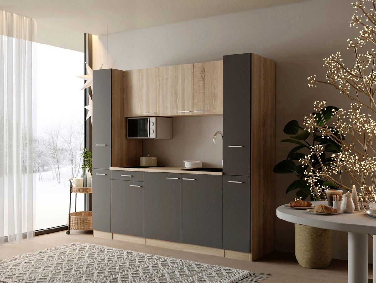 KÜCHENBLOCK Ingrid 210 cm  in Grau  - Eichefarben/Alufarben, Design, Holzwerkstoff/Kunststoff (210cm) - Respekta