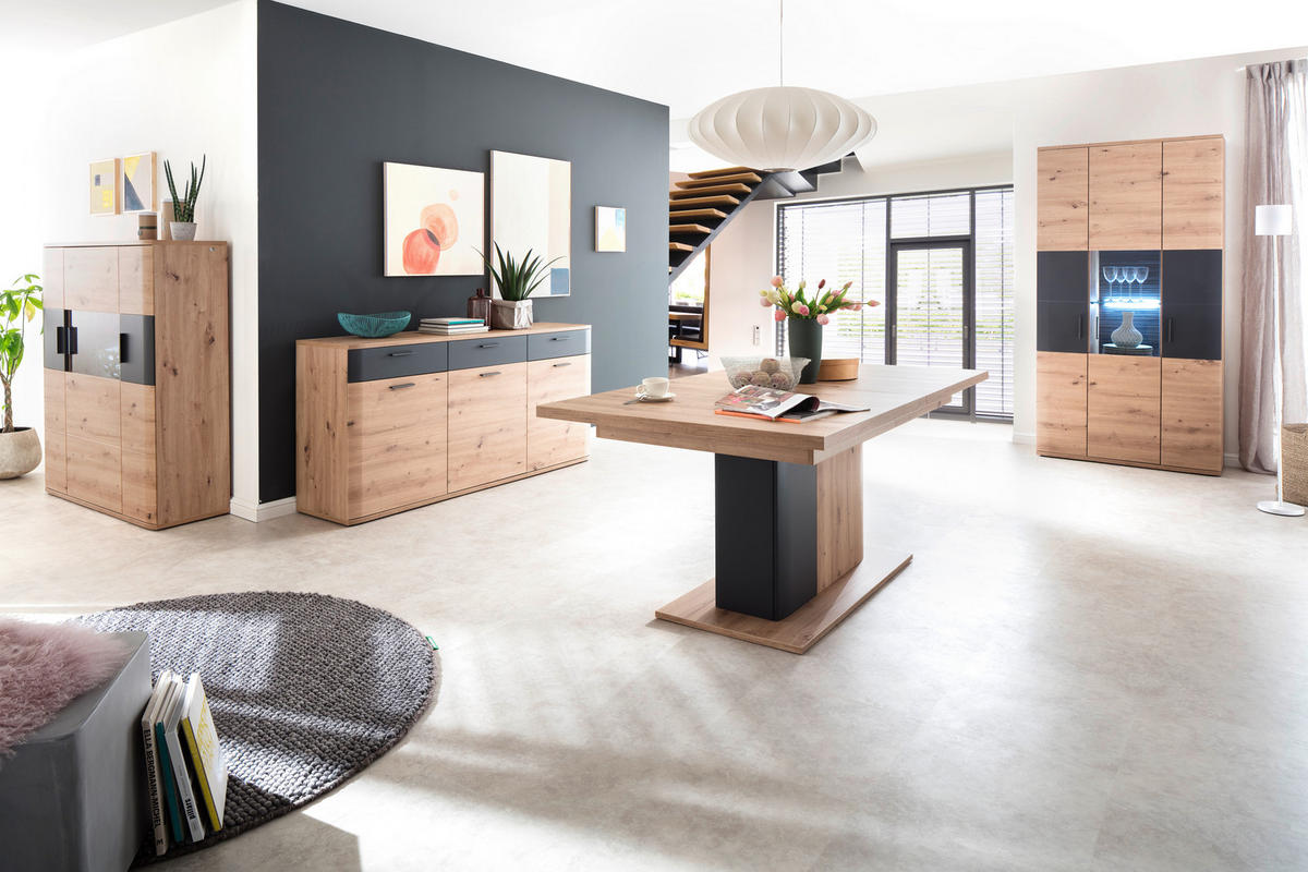 ESSTISCH Anthrazit, Eichefarben rechteckig  ausziehbar  - Eichefarben/Anthrazit, Design, Holzwerkstoff (180-280/100/77cm) - Livetastic