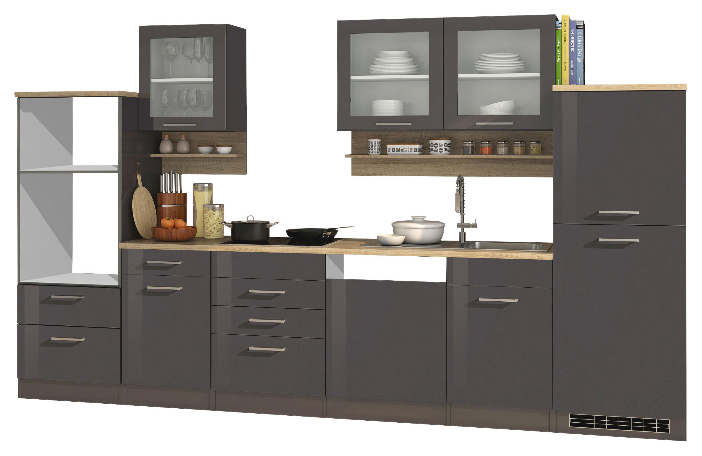 KÜCHENLEERBLOCK 340 cm   in Graphitfarben  - Silberfarben/Graphitfarben, MODERN, Glas/Holzwerkstoff (340cm) - Held