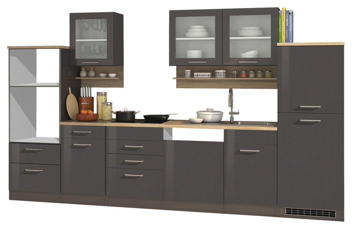 KÜCHENLEERBLOCK 340 cm   in Graphitfarben  - Silberfarben/Graphitfarben, MODERN, Glas/Holzwerkstoff (340cm) - Held