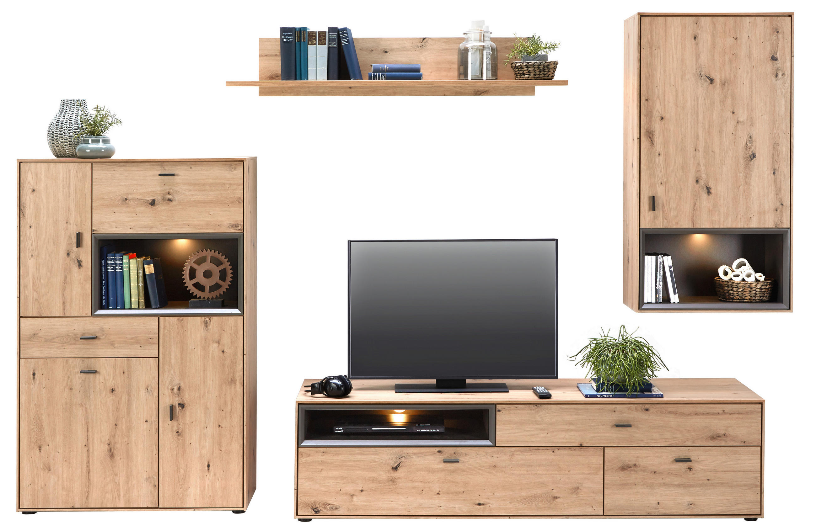 Wohnwand in Grau, Eichefarben