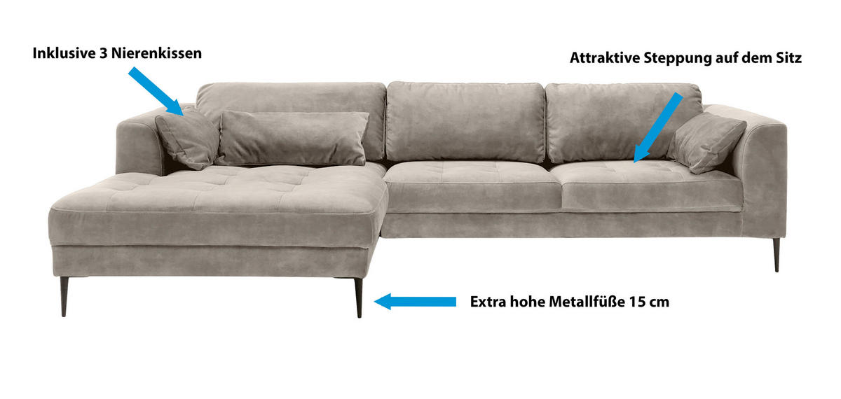 ECKSOFA in Mikrofaser Blaugrau  - Blaugrau/Schwarz, Modern, Textil (168/280cm) - Trendmanufaktur