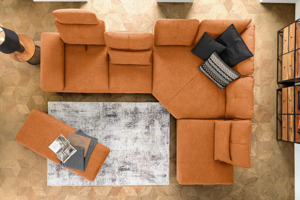 ECKSOFA in Flachgewebe Orange, Rostfarben  - Rostfarben/Schwarz, Design, Textil/Metall (344/271cm) - Chilliano