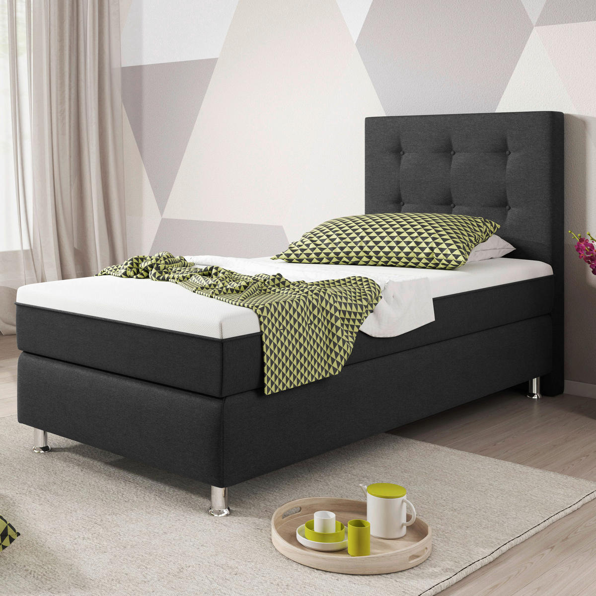 BOXSPRINGBETT 90/200 cm  in Anthrazit  - Anthrazit/Silberfarben, KONVENTIONELL, Textil/Metall (90/200cm) - MID.YOU