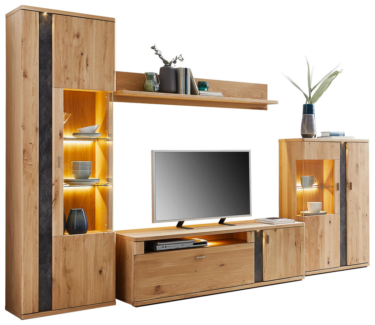 WOHNWAND  in Eichefarben  327,4/208,6/50,2 cm  - Eichefarben/Silberfarben, KONVENTIONELL, Glas/Holz (327,4/208,6/50,2cm) - Voleo