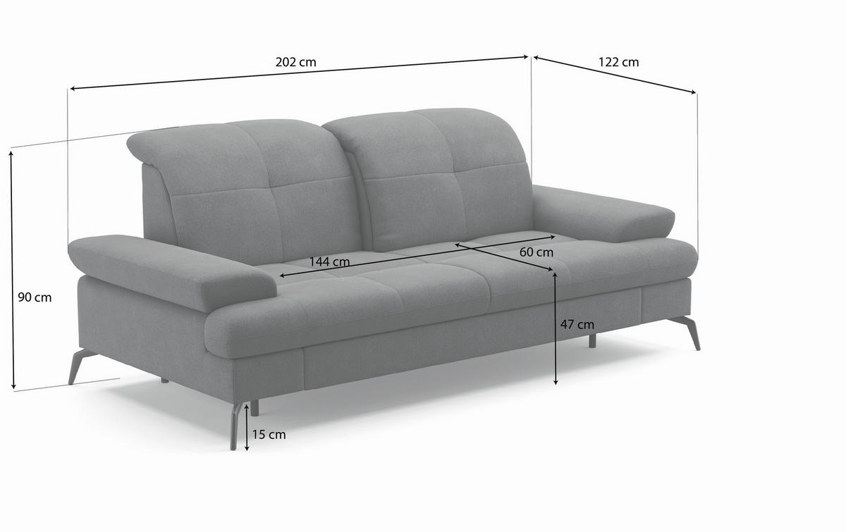 2,5-SITZER in Flachgewebe Grau  - Schwarz/Grau, Konventionell, Textil/Metall (202/90/122cm) - Sit & More