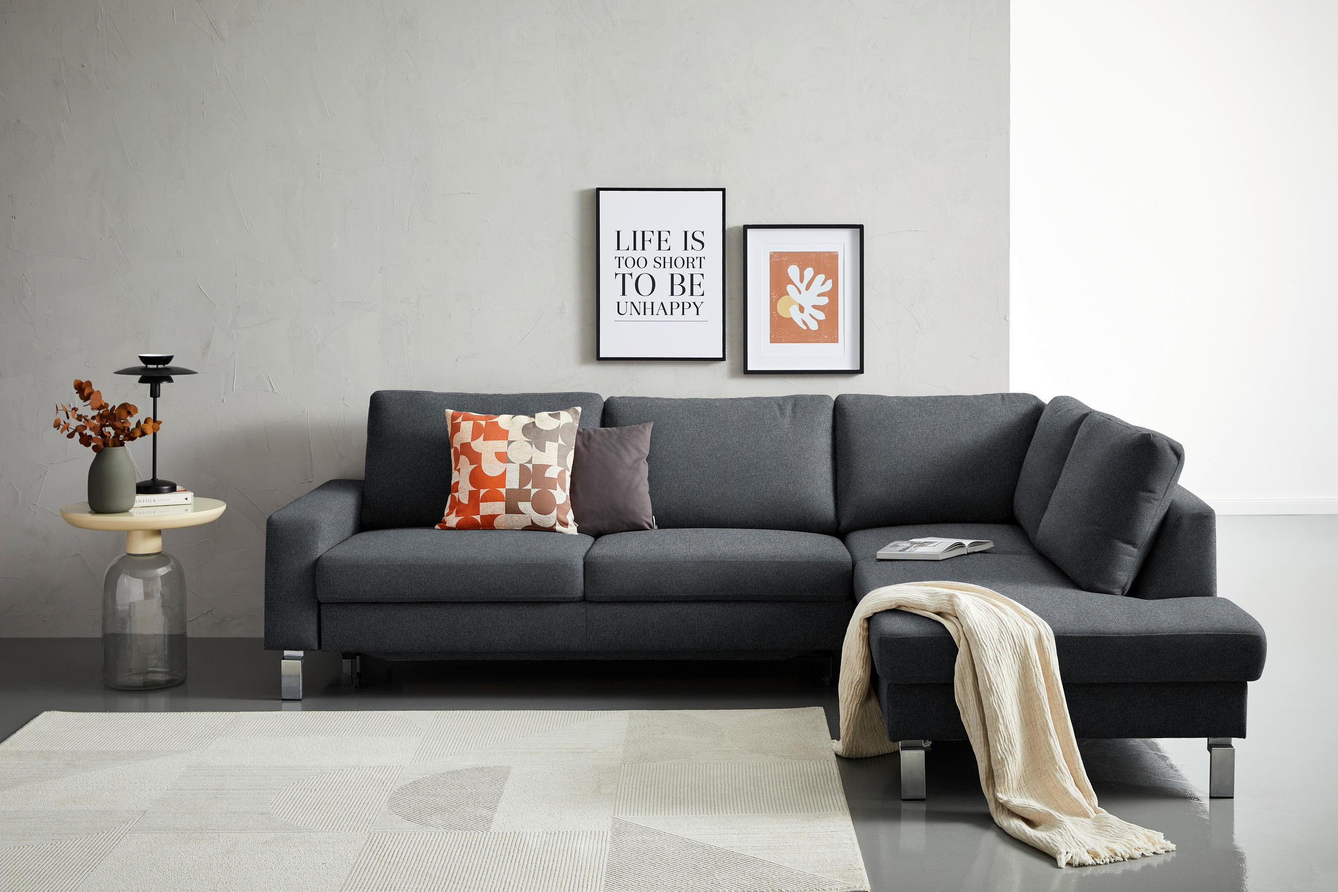 ECKSOFA in Flachgewebe Anthrazit  - Chromfarben/Anthrazit, Design, Textil/Metall (276/200cm) - Hom`in
