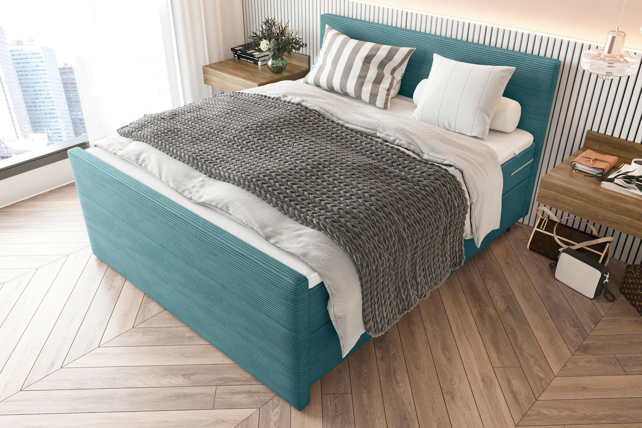 Thumbnail - Boxxx Boxspringbett, Türkis, Textil, H3, Höhe ca. 19 cm, 180x200 cm, gepolstertes Kopfteil, Stoffauswahl, Topper durchge...