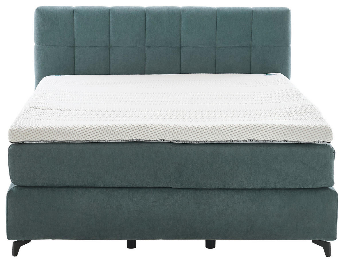 BOXSPRINGBETT 180/200 cm,  in Graublau, Matratze, gepolstertes Kopfteil, Topper, H2 + H3 = mittel + fest  - Graublau/Schwarz, MODERN, Textil/Metall (180/200cm) - Hukla
