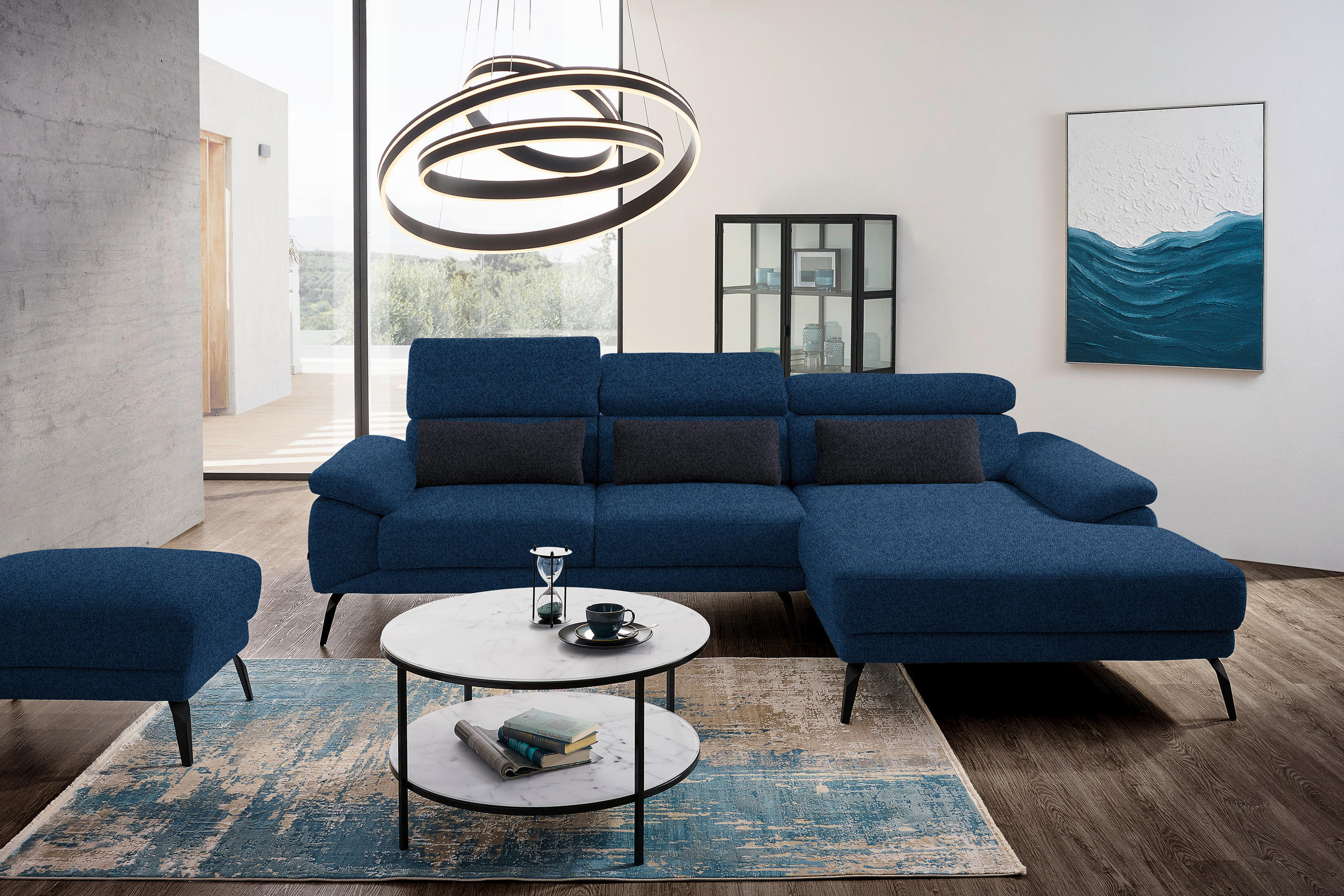 ECKSOFA in Velours Dunkelblau  - Schwarz/Dunkelblau, Design, Textil/Metall (295/187cm) - Novel