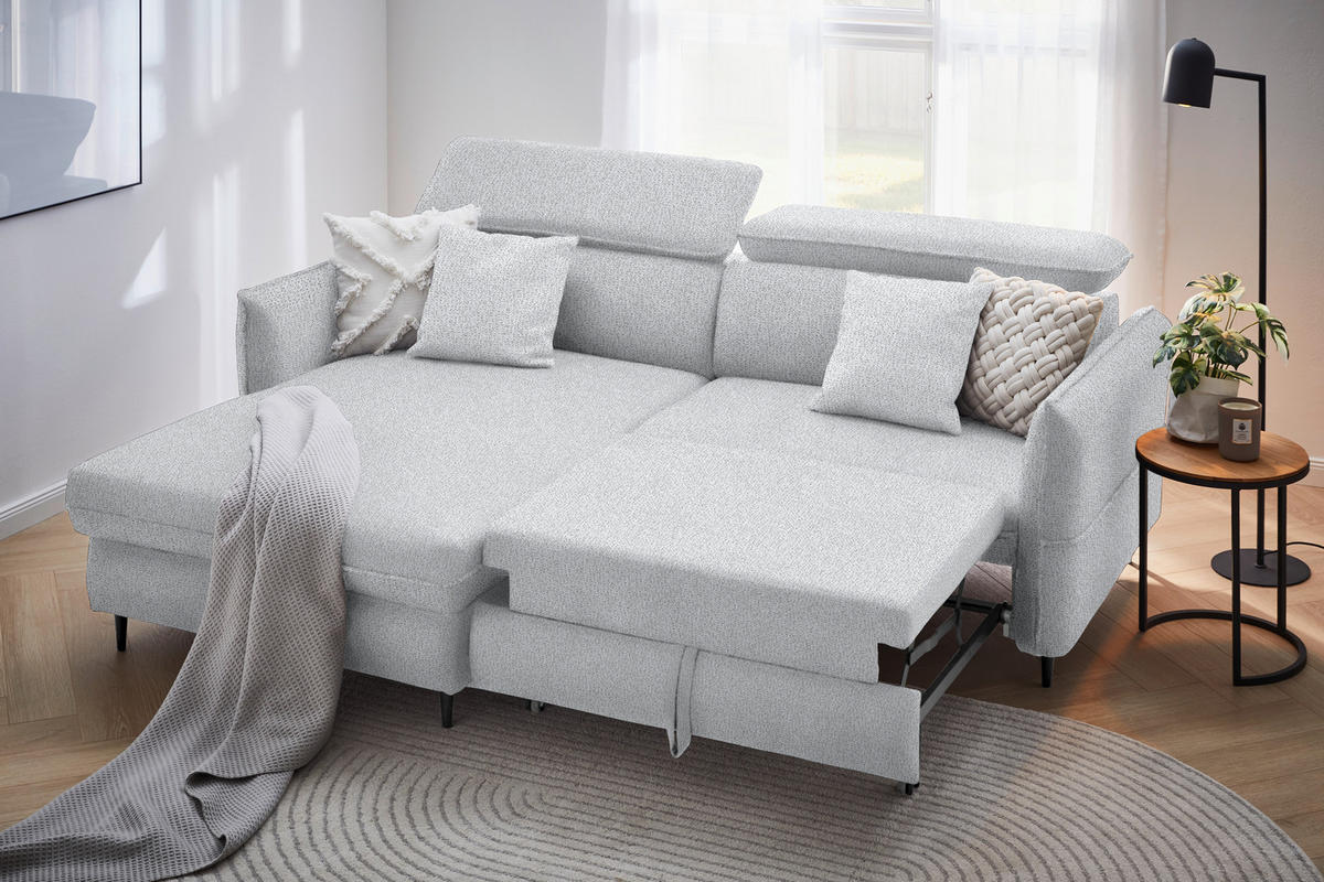 ECKSOFA inkl. Funktionen Hellgrau Flachgewebe  - Hellgrau/Schwarz, Design, Holz/Textil (185/232cm) - Stylife