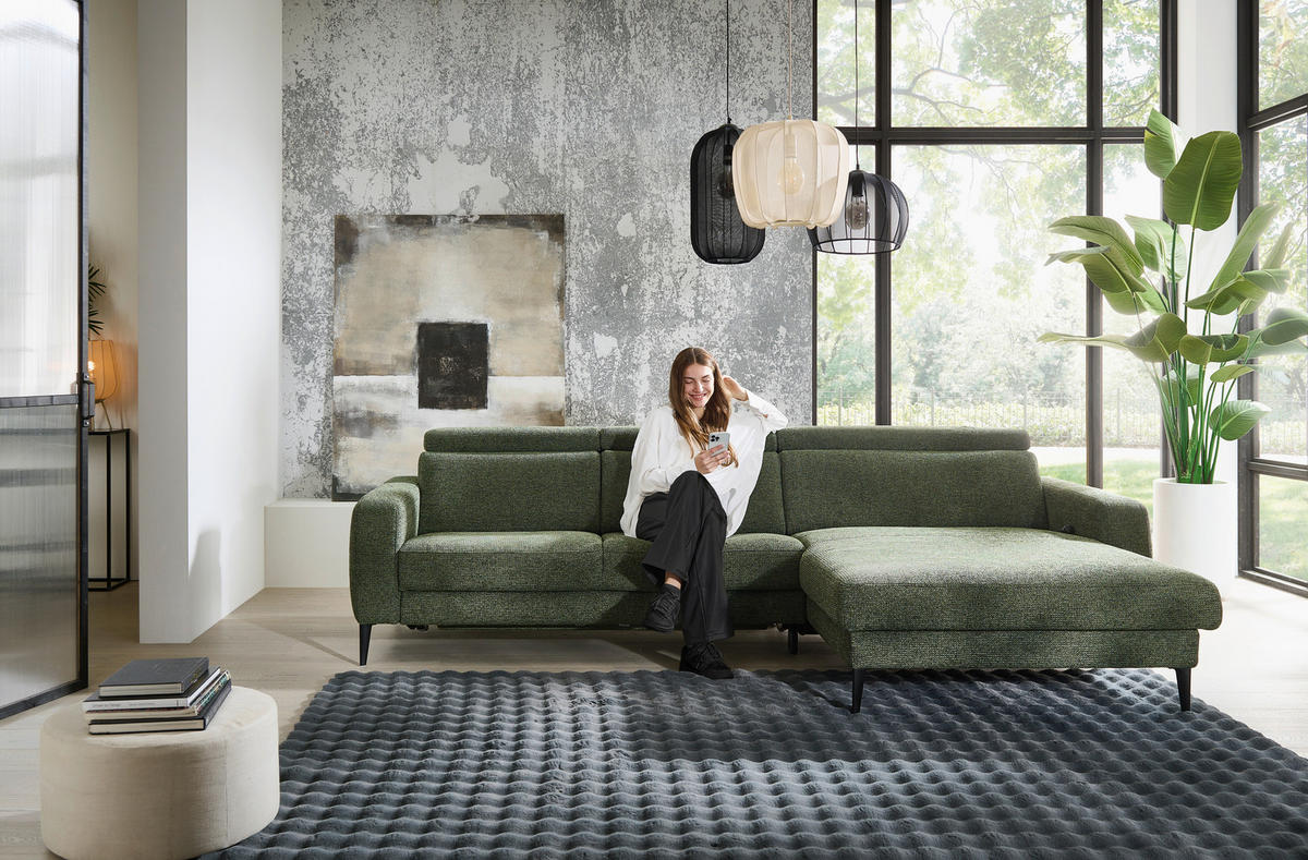 ECKSOFA Grün Chenille  - Schwarz/Grün, KONVENTIONELL, Textil/Metall (300/177cm) - Valdera