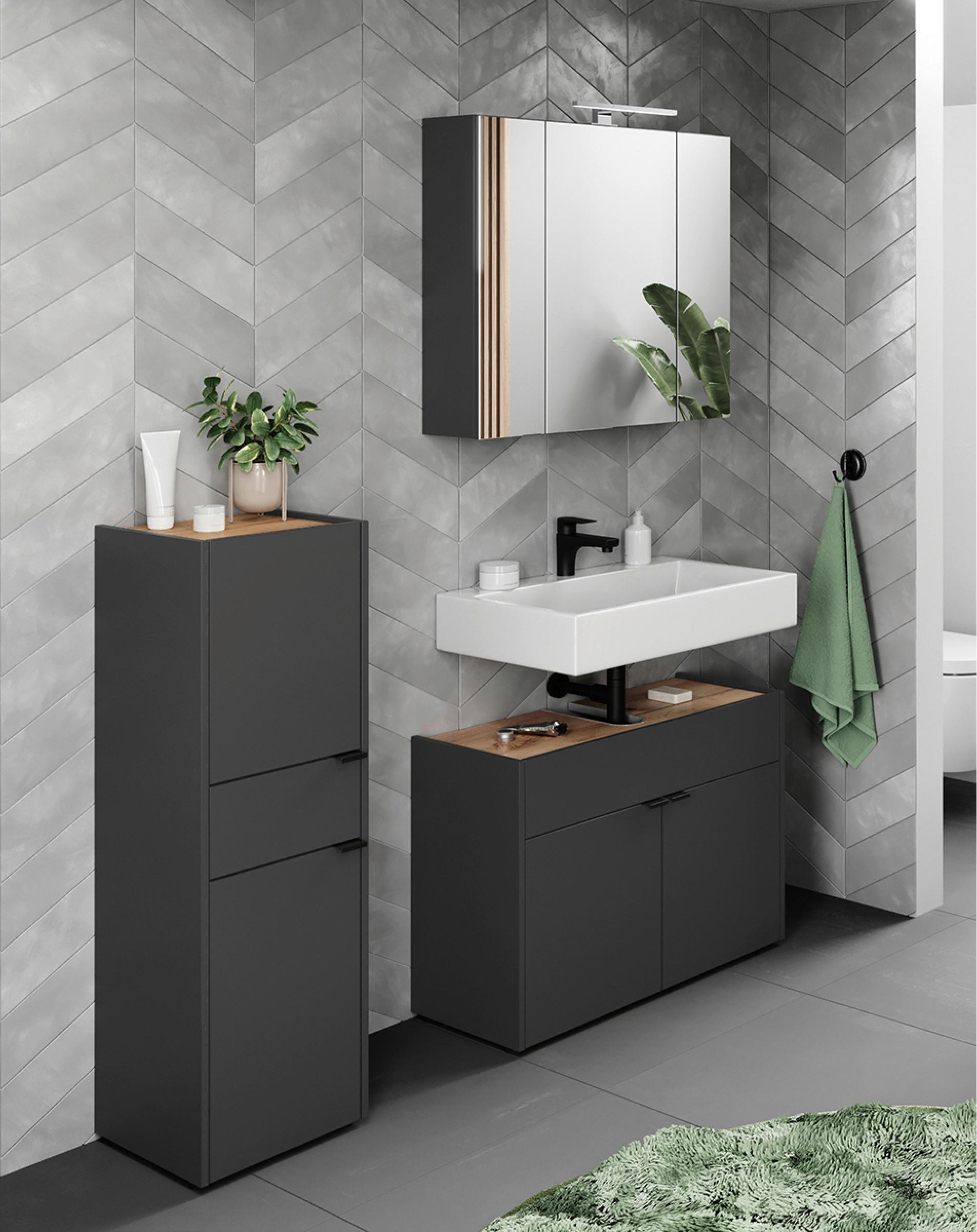 BADEZIMMER 3-teilig  in 129 cm  - Eichefarben/Schwarz, MODERN, Holzwerkstoff/Kunststoff (129cm) - Germania