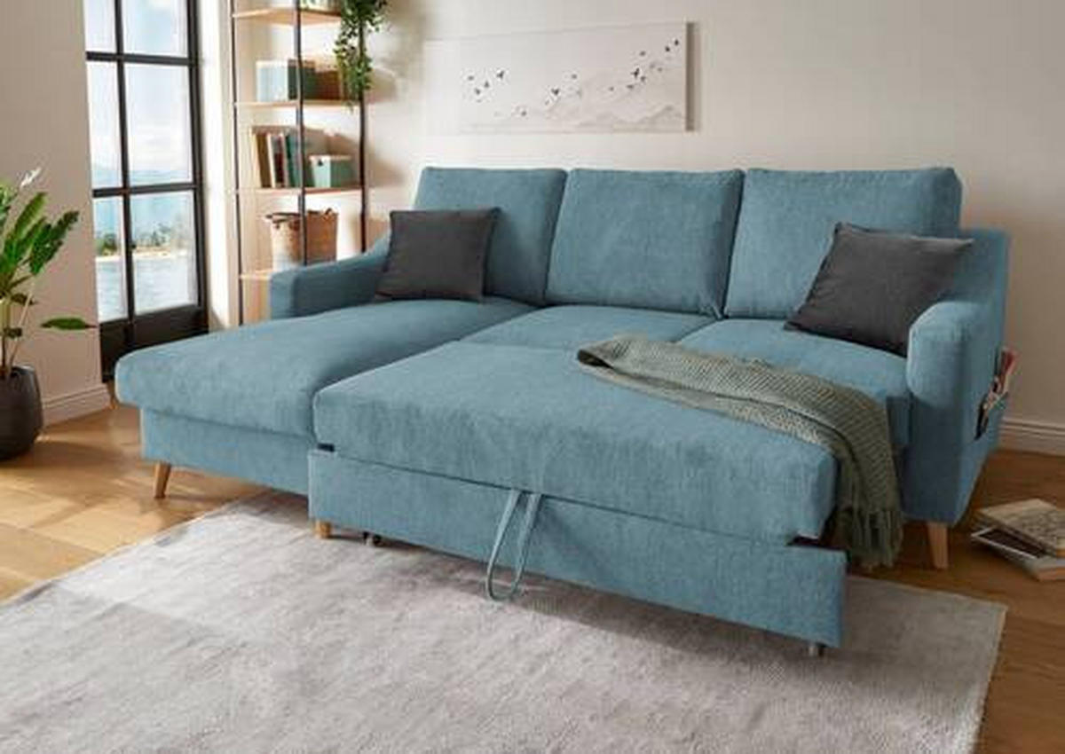 ECKSOFA in Mikrofaser Blau  - Blau/Schwarz, Design, Holz/Textil (150/228cm) - MID.YOU