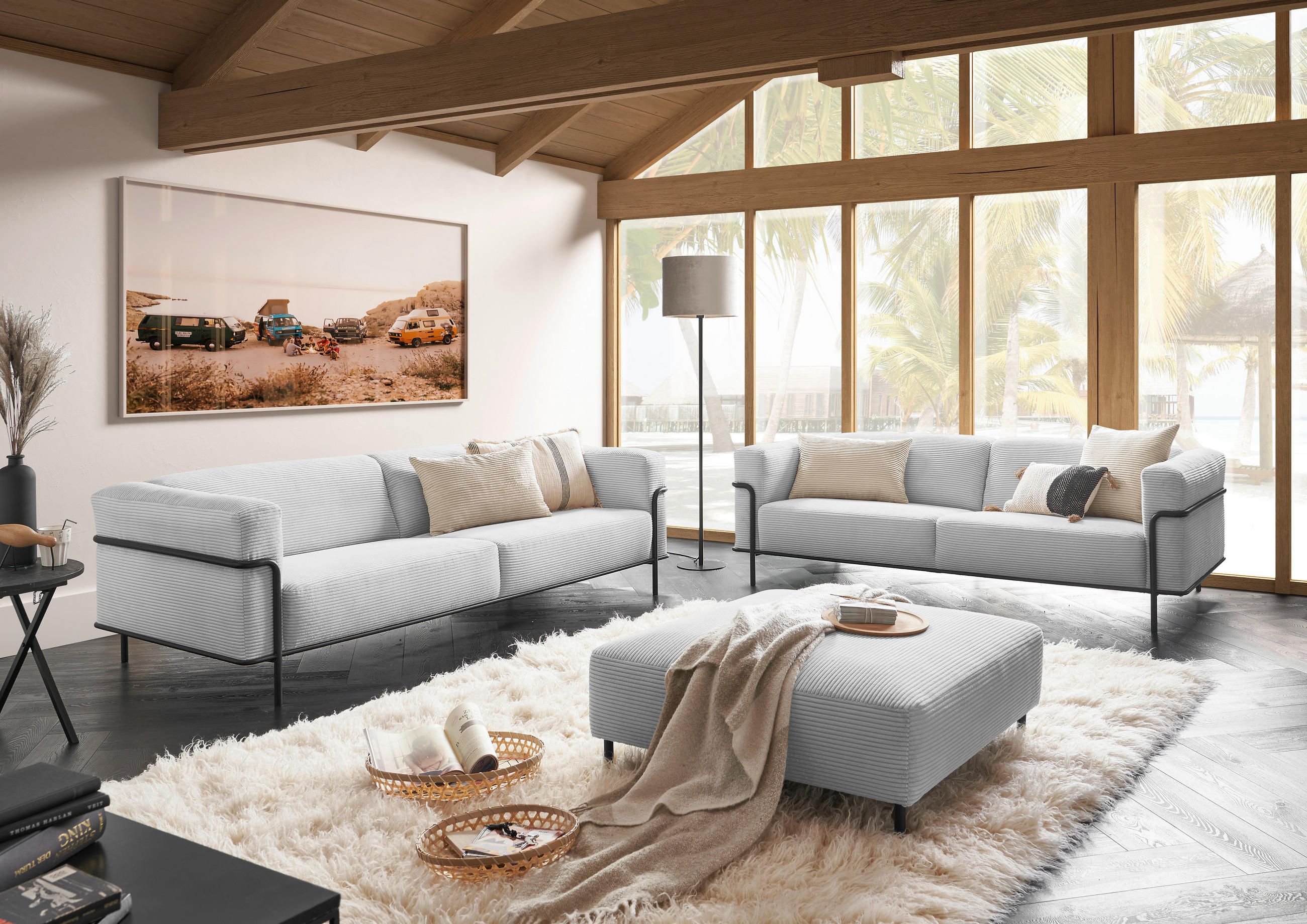 3-SITZER-SOFA Cord Grau  - Schwarz/Grau, Design, Textil/Metall (236/67/96cm) - Johann Jakob