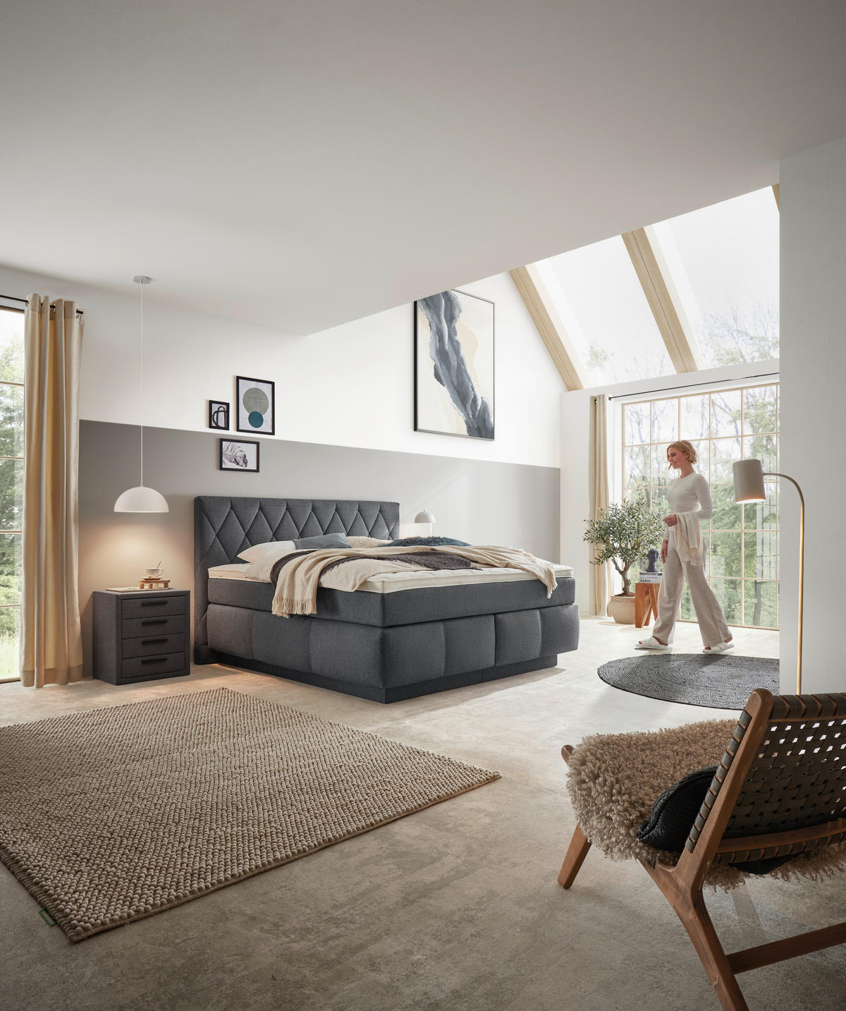 BOXSPRINGBETT 180/200 cm,  in Dunkelblau, Matratze, Topper, unterschiedliche Matratzenhärtegrade je Bettseite, H2 + H3 = mittel + fest  - Schwarz/Dunkelblau, KONVENTIONELL, Holz/Kunststoff (180/200cm) - Voleo