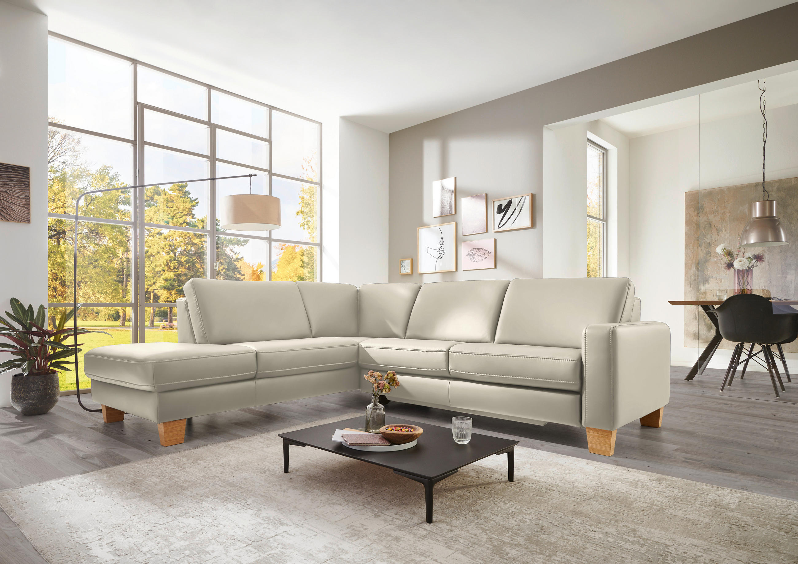 ECKSOFA in Echtleder Ecru  - Ecru/Eiche Bianco, Konventionell, Leder/Holz (235/257cm) - Valdera