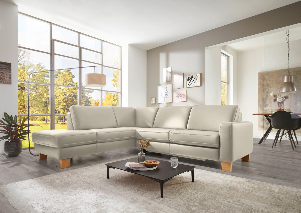ECKSOFA in Echtleder Ecru  - Ecru/Eiche Bianco, Konventionell, Leder/Holz (235/257cm) - Valdera