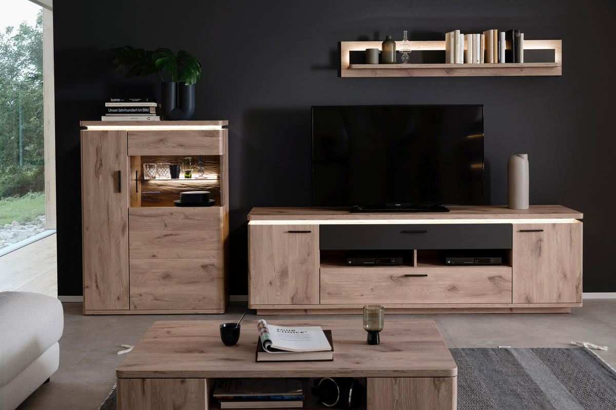 WOHNWAND 3-teilig  in Anthrazit, Eiche dunkel  310/181/50 cm  - Eiche dunkel/Anthrazit, KONVENTIONELL, Glas/Holzwerkstoff (310/181/50cm) - Cantus