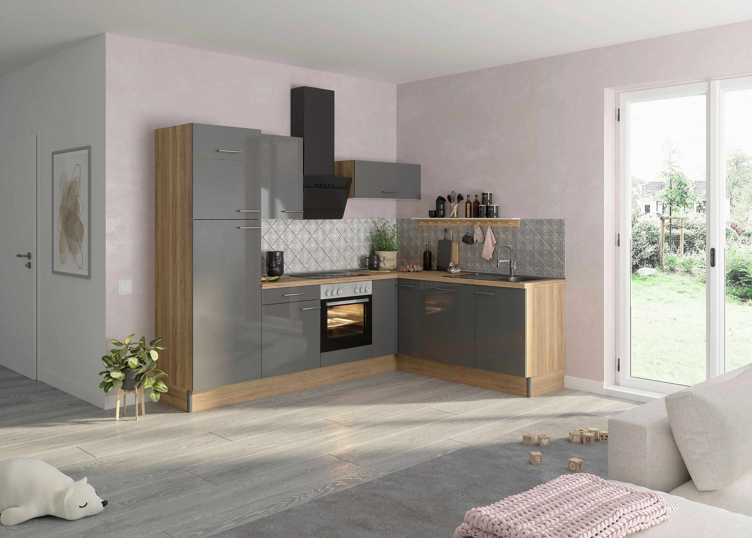 ECKKÜCHE 270/200 cm in Anthrazit, Eichefarben - Edelstahlfarben/Eichefarben, Basics, Holzwerkstoff/Metall (270/200cm) - Optifit