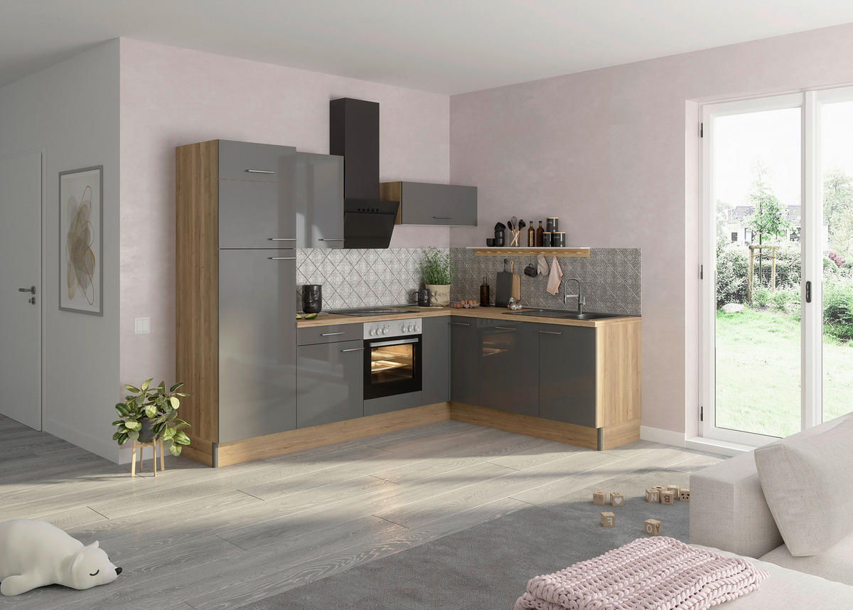 ECKKÜCHE 270/200 cm  in Anthrazit, Eichefarben  - Edelstahlfarben/Eichefarben, Basics, Holzwerkstoff/Metall (270/200cm) - Optifit