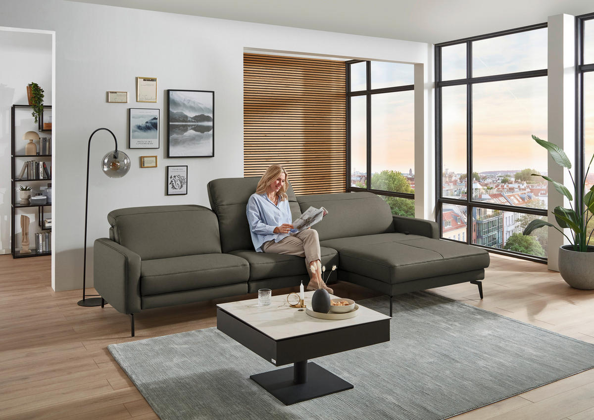 ECKSOFA  Echtleder Graubraun  - Graubraun/Schwarz, Design, Leder/Metall (323/179cm) - Dieter Knoll